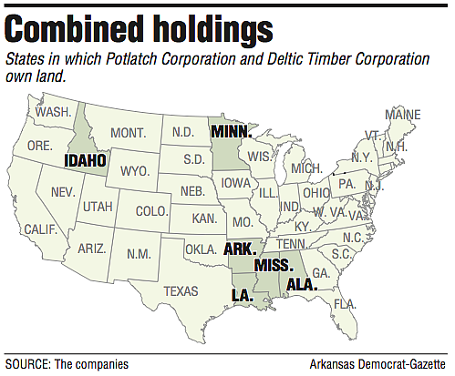 Map showing States in which Potlatch Corporation and Deltic Timber Corporation own land.