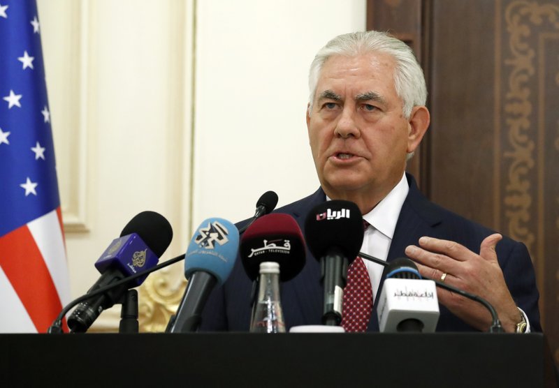 Secretary of State Rex Tillerson answers a reporter's question during a media availability with Qatar's Foreign Minister Sheikh Mohammed bin Abdulrahman Al Thani after their meeting, Sunday, Oct. 22, 2017, in Doha,Qatar. (AP Photo/Alex Brandon, Pool)