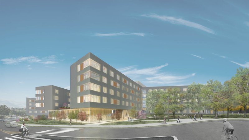 A rendering of the new University of Arkansas, Fayetteville residence hall, The Stadium Drive Residence Hall. The hall is a nearly $80 million project. The 202,000-square-foot Stadium Drive Residence Hall, which will consist of two halls connected by a ground-level common area, is the first U.S. campus housing project built using what’s known as cross-laminated timber, industry experts said.