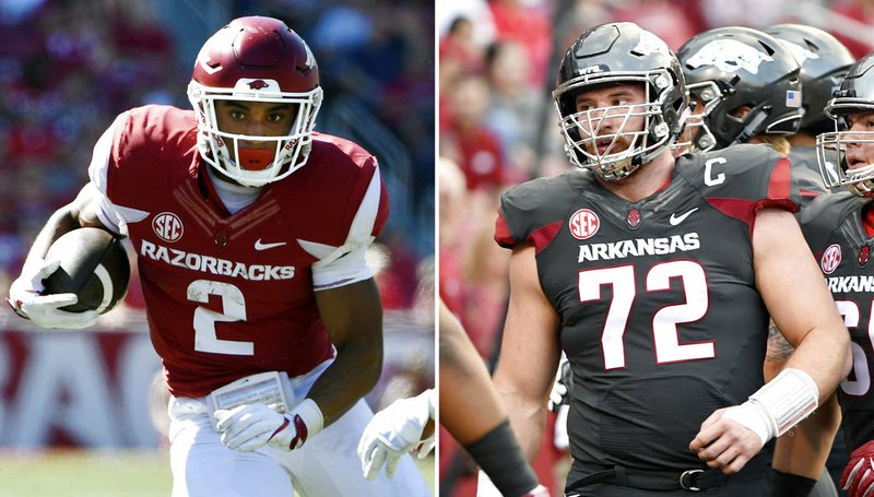  At left, in a Sept. 30, 2017, file photo, Arkansas running back Chase Hayden runs the ball against New Mexico State during the first half in Fayetteville. At right, in an Oct. 21, 2017, file photo, Arkansas lineman Frank Ragnow warms up as he prepares to play Auburn in Fayetteville.