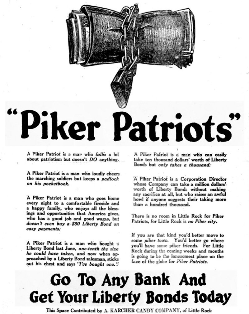 The A. Karcher Candy Co. of Little Rock paid for this full-page, mighty pushy ad for Liberty Bonds in the Oct. 23, 1917, Arkansas Gazette.