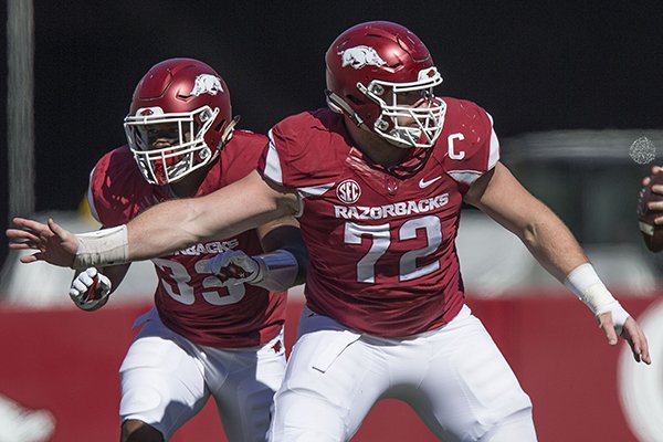 Arkansas center Frank Ragnow (72) blocks during a game against New Mexico State on Saturday, Sept. 30, 2017, in Fayetteville. 