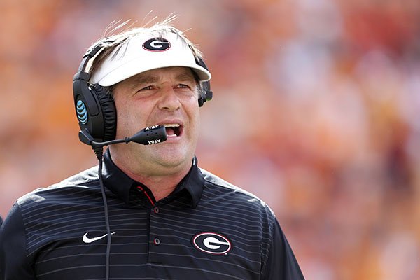 Georgia head coach Kirby Smart is seen during the first half of an NCAA college football game against Tennessee Saturday, Sept. 30, 2017, in Knoxville, Tenn. (AP Photo/Wade Payne)