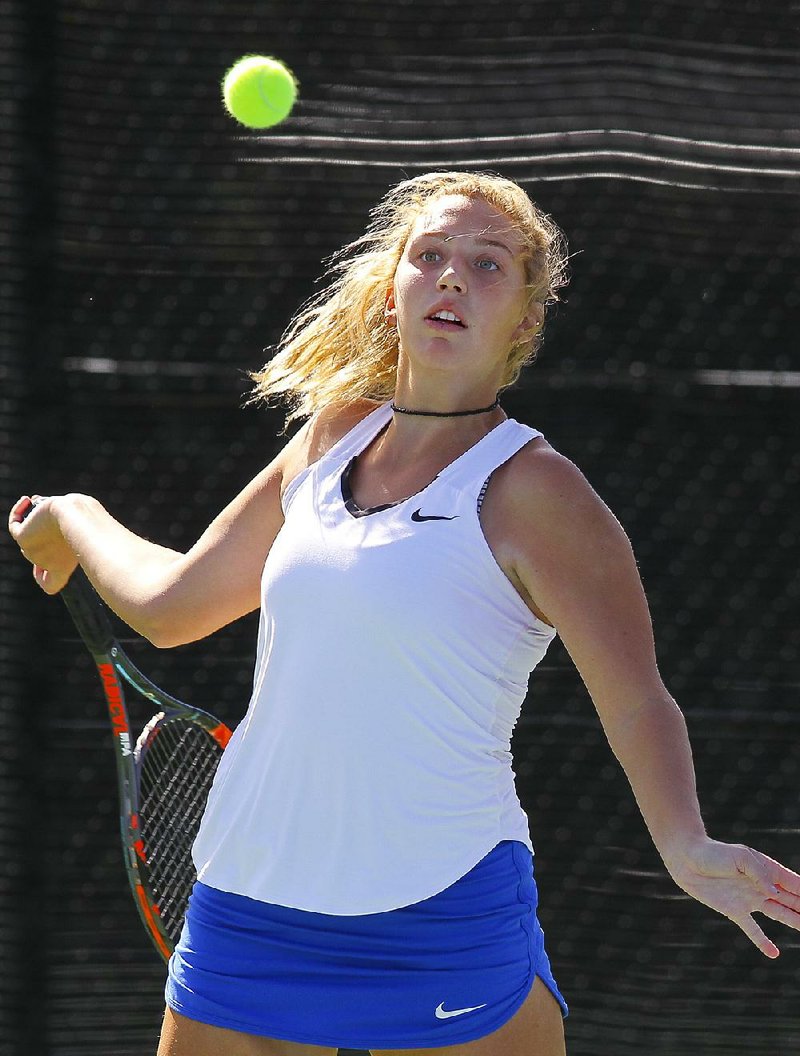 Hot Springs Lakeside’s Thea Rice looks to return a shot Tuesday during her 6-3, 6-4 victory over Taylor Shaw of Little Rock Christian for her first Overall girls state tennis title.