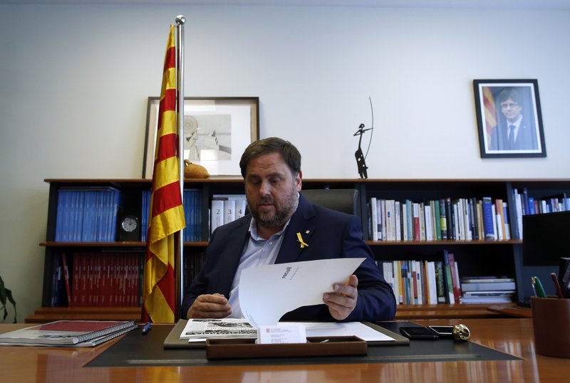 Catalan regional Vice President Oriol Junqueras attends an interview with The Associated Press in Barcelona, Spain, Wednesday, Oct. 25, 2017. (AP Photo/Manu Fernandez)