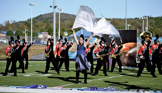 The Sentinel-Record/Mara Kuhn LION PRIDE: The Horatio Lion Marching Band earned First Division ratings Tuesday during the ASBOA Region II Marching Assessment at Lakeside High School.