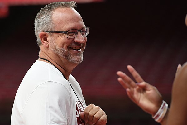 Arkansas coach Mike Neighbors is shown during practice Monday, Oct. 16, 2017, in Fayetteville. 