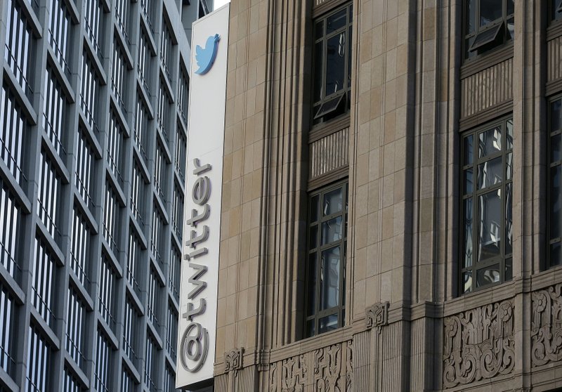 This Wednesday, Oct. 26, 2016, photo shows a sign at Twitter headquarters in San Francisco. Twitter Inc. reports earnings Thursday, Oct. 26, 2017. (AP Photo/Jeff Chiu)