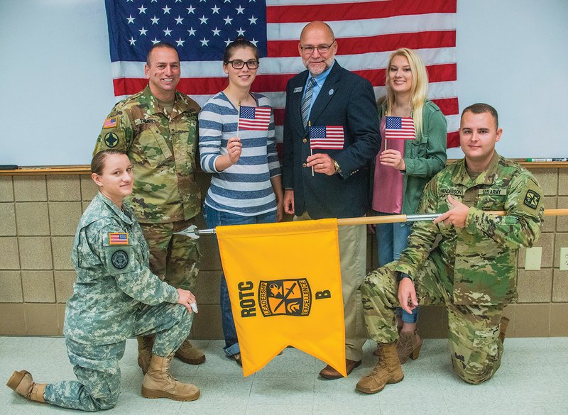 Arkansas State University-Beebe will present a special Veterans Salute on Nov. 9. on the campus of ASU-Beebe beginning at 11 a.m. Volunteers for the event include, kneeling, Isabella Franklin,  left, and Drake Henderson; and standing, from left, ROTC Instructor Rex Thomen, cadet Ashley Paden, Roger Moore and Caitlin Harlan.