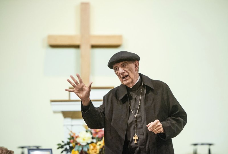 William Haas of Bella Vista portrays Martin Luther during a program Wednesday at Village Bible Church in Bella Vista. Haas’ Luther reflects on his beliefs later in life. “Luther did not want the church named after him,” Haas said. “It had gotten out of hand by the time he died.”