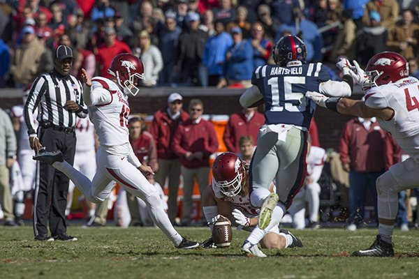 Arkansas kicker Connor Limpert kicks a 34-yard field goal with 4 seconds remaining in the Razorbacks' 38-37 win over Ole Miss on Saturday, Oct. 28, 2017, in Oxford, Miss. 