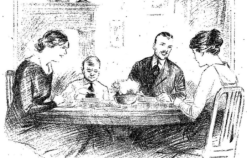 A family enjoys an elegant meal even though they have no tablecloth in this illustration for Marion Harland’s Common Sense in the Home column of Oct. 28, 1917, in the Arkansas Gazette.
