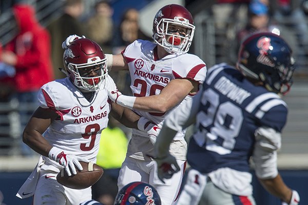 Arkansas receiver De'Vion Warren runs off the field following a return during a game against Ole Miss on Saturday, Oct. 28, 2017, in Oxford, Miss. 