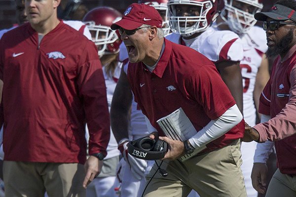 Arkansas defensive coordinator Paul Rhoads yells from the sideline during a game against Ole Miss on Saturday, Oct. 28, 2017, in Oxford, Miss. 