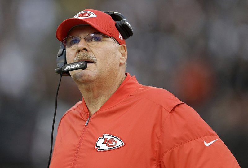 In this Thursday, Oct. 19, 2017, file photo, Kansas City Chiefs head coach Andy Reid watches during the first half of an NFL football game against the Oakland Raiders in Oakland, Calif. 