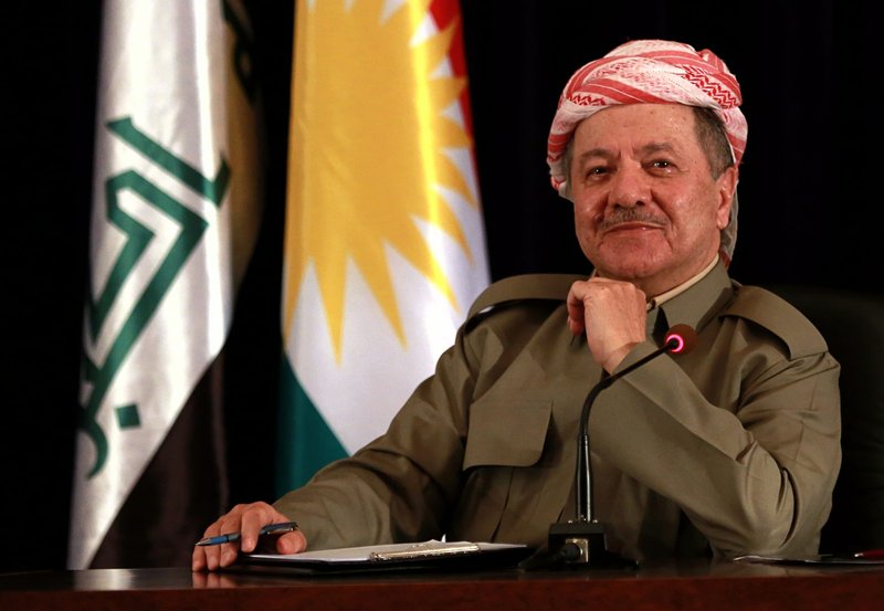 In this Sept. 24, 2017 file photo, the President of Iraq's autonomous Kurdish region, Massoud Barzani, speaks to reporters during a press conference in Irbil, Iraq. 