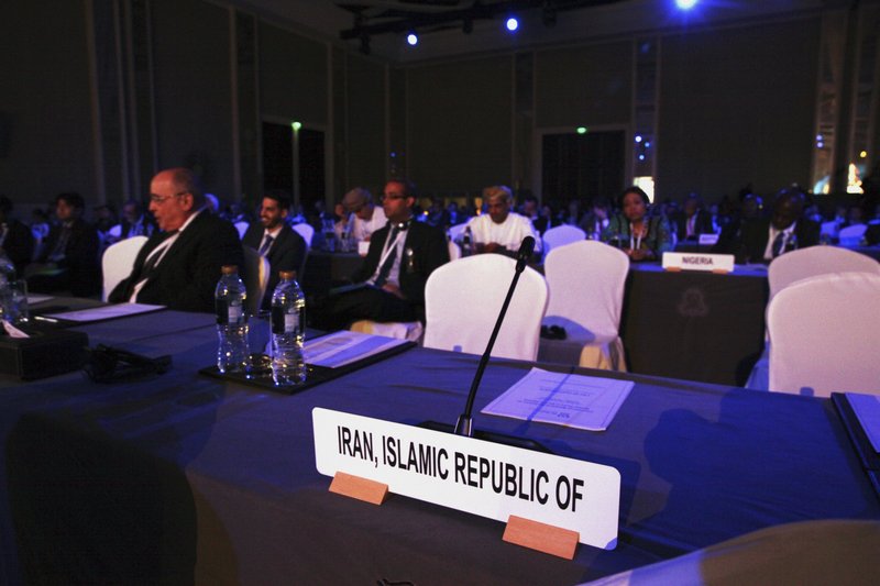 Seats for an Iranian delegation at a nuclear energy conference sit empty in Abu Dhabi, United Arab Emirates, Monday, Oct. 30, 2017. Iran declined Monday to attend the major nuclear conference in the United Arab Emirates, a country which remains highly suspicious of its nuclear deal with world powers.