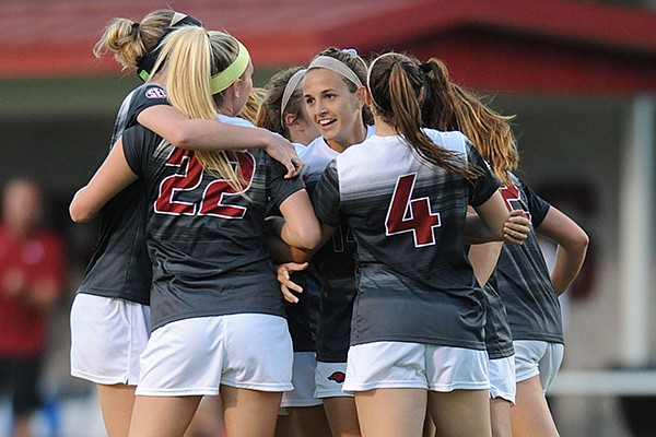 Arkansas players celebrate a goal during a game against Penn State on Friday, Aug. 25, 2017, in Fayetteville. Arkansas players celebrate a goal during a game against Penn State on Friday, Aug. 25, 2017, in Fayetteville.