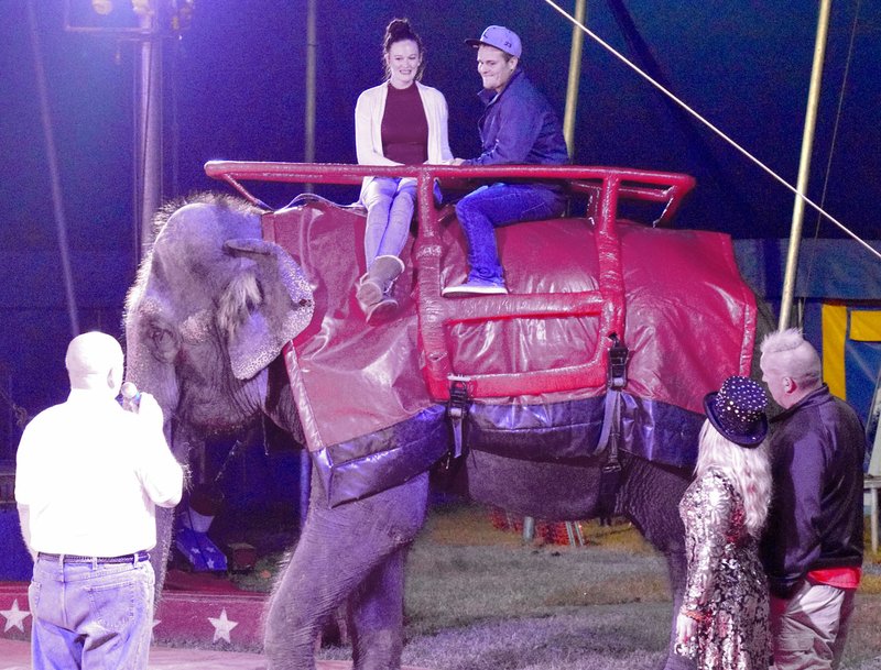 Photo by Mike Eckels Decatur Mayor Bob Tharp (left) administers wedding vows to Joshua Yates and Natessah Harrison, who chose to get married on the back of Cindy the Elephant during the Kelly Miller Circus at Veterans Park in Decatur Oct. 20.