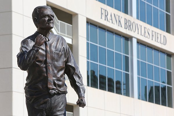 A statue of Frank Broyles is shown on Wednesday, Feb. 1, 2017, on the University of Arkansas campus in Fayetteville.