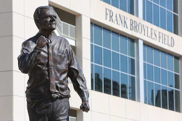 A statue of Frank Broyles is shown on Wednesday, Feb. 1, 2017, on the University of Arkansas campus in Fayetteville. 