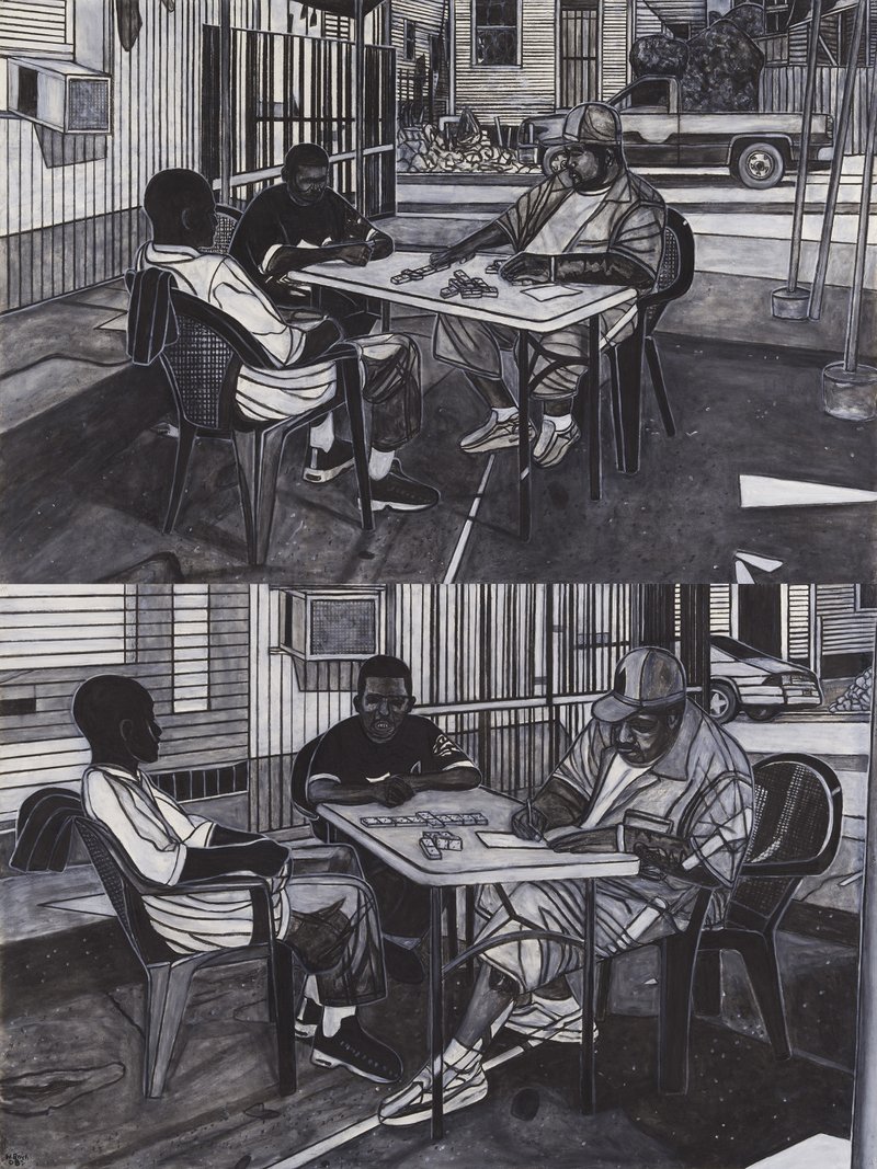 Willie Birch Domino Players, 2008 Acrylic and charcoal on paper 80 x 60 in. Crystal Bridges Museum of American Art, Bentonville, Arkansas.