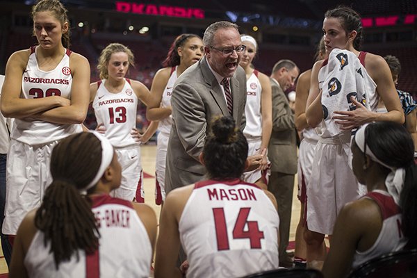 Arkansas coach Mike Neighbors talks to players during an exhibition game against Northeastern State on Thursday, Nov. 2, 2017, in Fayetteville. 