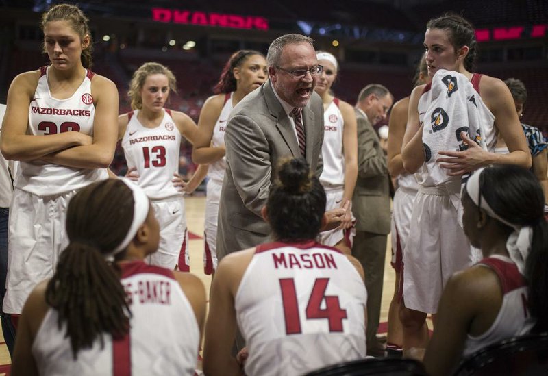 Arkansas women’s coach Mike Neighbors (center) instructs his team during a timeout on Nov. 2 during a game against Northeastern State at Bud Walton Arena in Fayetteville.