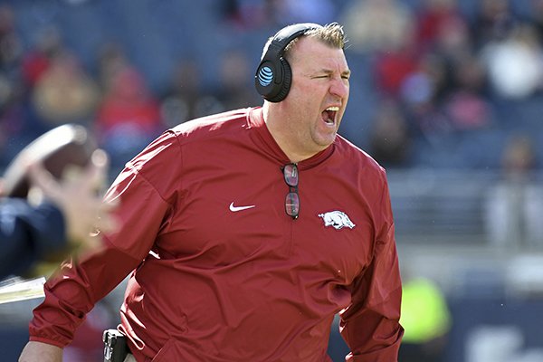 Arkansas head coach Bret Bielema reacts during the second half of an NCAA college football game against Ole Miss in Oxford, Miss., Saturday, Oct. 28, 2017. Arkansas won 38-37. (AP Photo/Thomas Graning)
