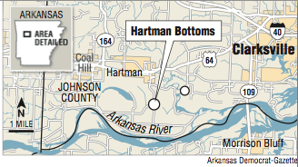 A map showing the location of Hartman Bottoms