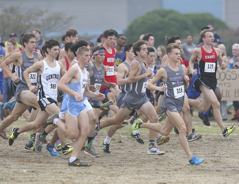 A pack of runners competes in the Class 7A boys state cross country championship Friday in Hot Springs.