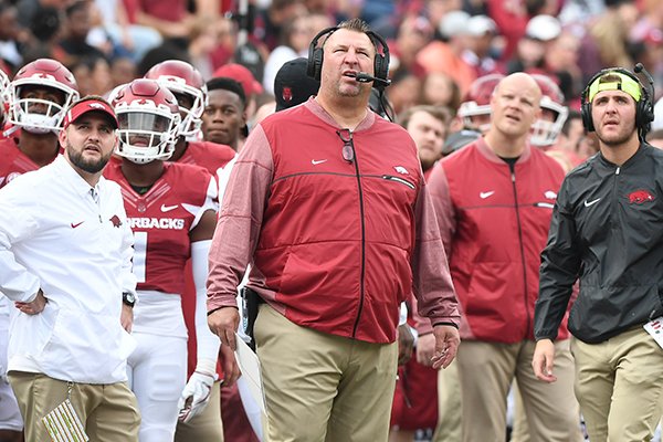 Arkansas coach Bret Bielema watches a replay during a game against Coastal Carolina on Saturday, Nov. 4, 2017, in Fayetteville. 