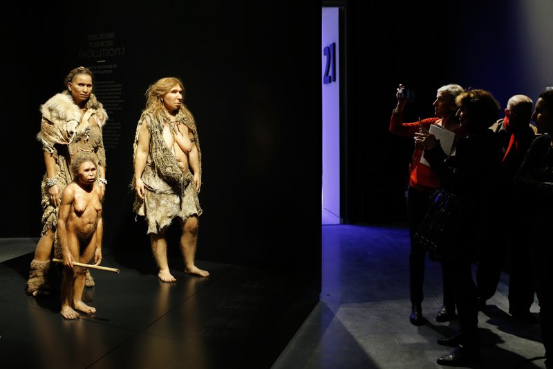 In this Thursday, Dec. 18, 2014 file photo, visitors take pictures of models representing Flores, human and Neanderthal women in the "Musee des Confluences" a new science and anthropology museum in Lyon, central France. Neanderthals had a long run in Europe and Asia, but they disappeared about 40,000 years ago after modern humans showed up from Africa. 