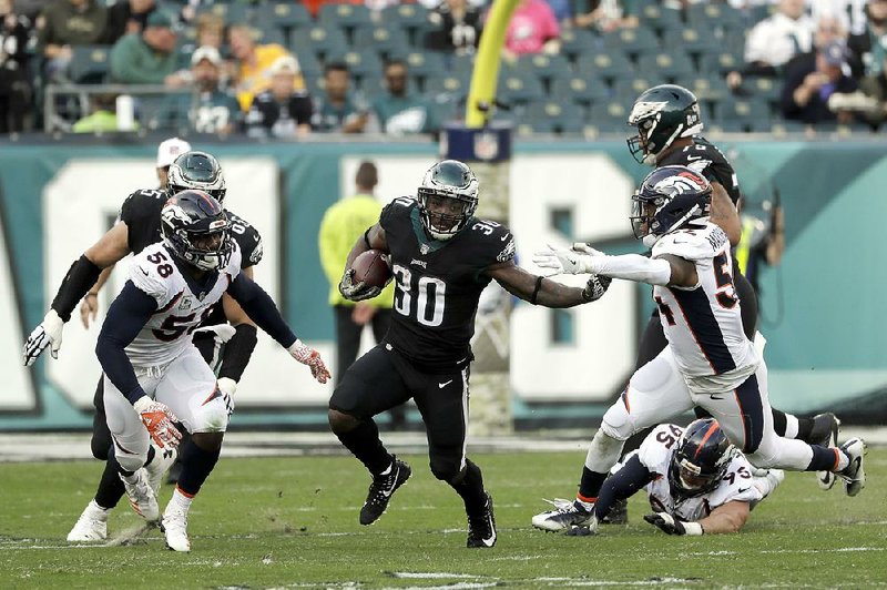 Philadelphia Eagles running back Corey Clement rushed for 51 yards on 12 carries and scored 2 touchdowns, one on a 2-yard run, the other on a 15-yard reception in the Eagles’ 51-23 victory over the Denver Broncos.