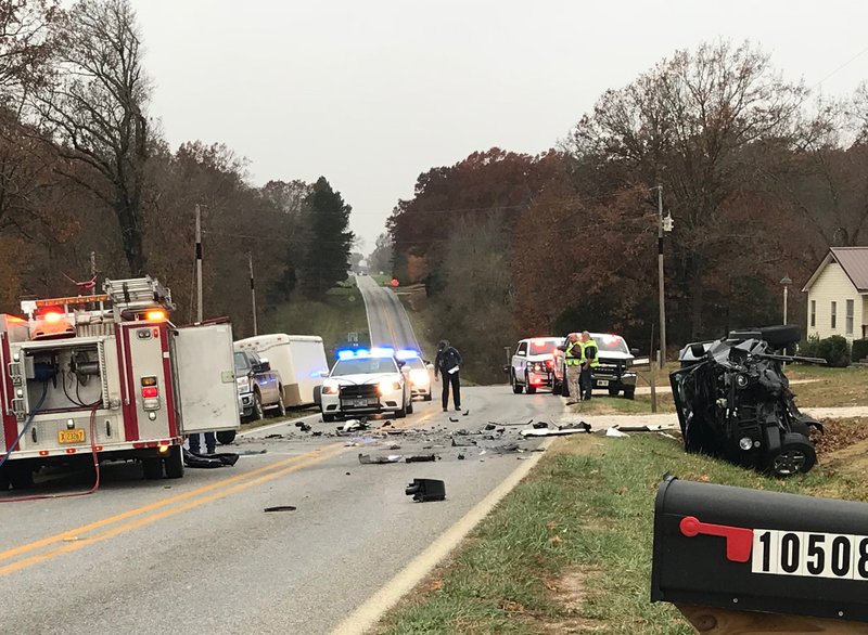 NWA Democrat-Gazette/ANNETTE BEARD
Emergency workers at the scene of a two car accident Monday, Nov. 6, 2017 west of Pea Ridge on Arkansas 72.