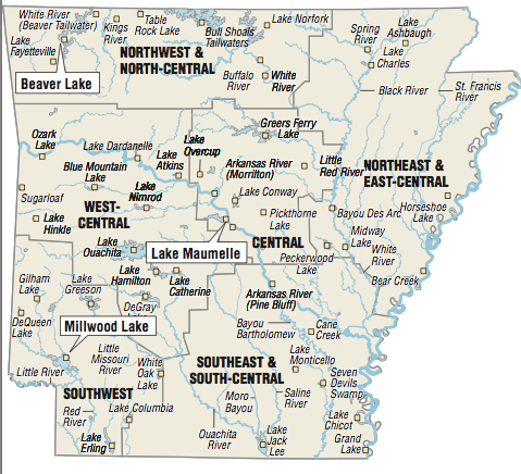 A map showing the location of Arkansas fishing spots.