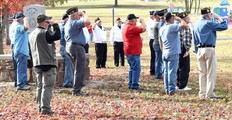 Photo by Mike Eckels Veterans salute the American flag as it was raised at Veterans Park in Decatur Nov. 4.