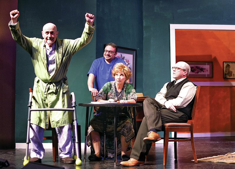 Courtesy photo Just named president, Stoopak (Jim Brennan) announces his rules for the residents of the Schwabacker Home for the Aged as actors Tom Karounos, Terry Vaughan and Kris Isham look on during the current production of Every Day a Visitor at Arkansas Public Theatre.