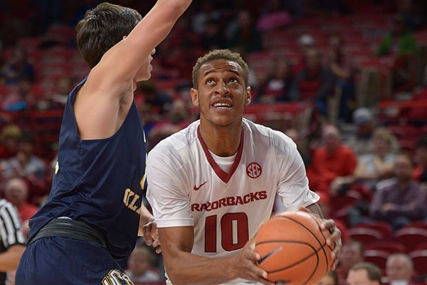 Arkansas center Daniel Gafford (10) goes up for a shot during an exhibition game against Central Oklahoma on Friday, Oct. 27, 2017, in Fayetteville. 