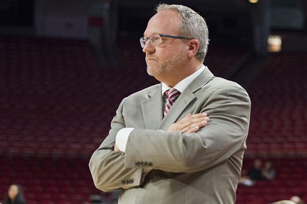 Arkansas coach Mike Neighbors watches during a game against Northeastern State on Thursday, Nov. 2, 2017, in Fayetteville. 