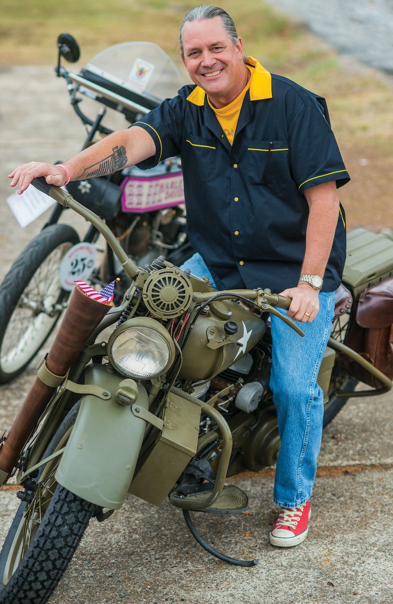 Dr. Scott Byrd of Arkadelphia owns numerous motorcycles, including antique models such as these. He plans to ride his Harley-Davidson military-style bike, a 1942 Harley-Davidson WLA, in 2019 in Europe in observance of the 75th anniversary of D-Day. He rode his 1916 Harley-Davidson F-head in the 2016 Motorcycle Cannonball Endurance Run.