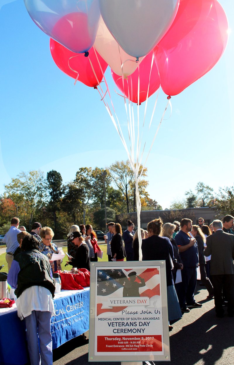 A large crowd gathered near the entrance to the Medical Center of South Arkansas on Thursday to honor veterans representing the U.S. Army, U.S. Army National Guard, U.S. Air Force, U.S. Marines and U.S. Navy.