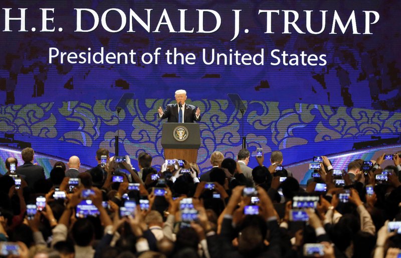 The Associated Press SUMMIT: U.S. President Donald Trump speaks Friday on the final day of the APEC CEO Summit on the sidelines of the Asia-Pacific Economic Cooperation leaders' summit in Danang, Vietnam.
