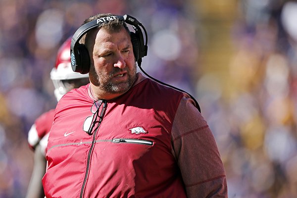 Arkansas head coach Bret Bielema walks on the sideline in the second half of an NCAA college football game against LSU in Baton Rouge, La., Saturday, Nov. 11, 2017. LSU won 33-10. (AP Photo/Gerald Herbert)


