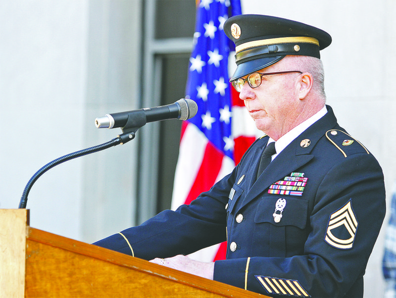 Keynote Speaker: Sgt. First Class Thomas Grey speaks during the American Legion Post 10 Veterans Day program on the steps of the Union County Courthouse Saturday.