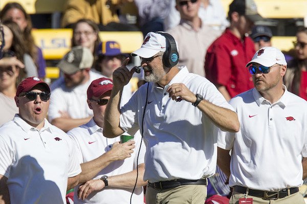 Arkansas defensive coordinator Paul Rhoads and other staff members on the sideline during the 33-10 loss at LSU Saturday, Nov. 11, 2017 at Tiger Stadium in Baton Rouge, La. 

