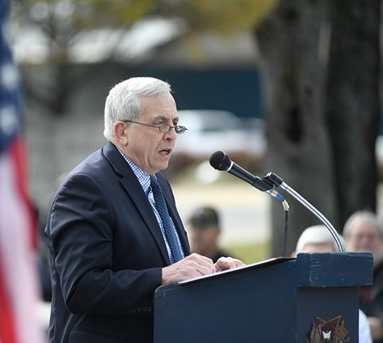 The Sentinel-Record/Mara Kuhn KEYNOTE ADDRESS: Gregory Foster, former reconnaissance platoon leader of the Vietnam War and current faculty member at Industrial College of the Armed Forces, speaks during the Veterans Day Service at the Garland County Veterans Memorial and Military Park Saturday.