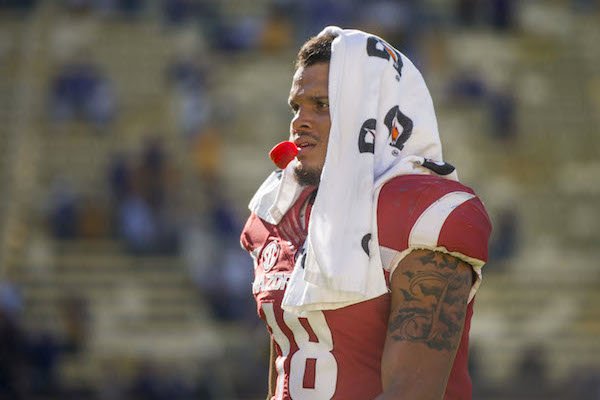 Jeremy Patton, Arkansas tight end, walks to the locker room after Arkansas fell to LSU Saturday, Nov. 11, 2017 at Tiger Stadium in Baton Rouge, La. 