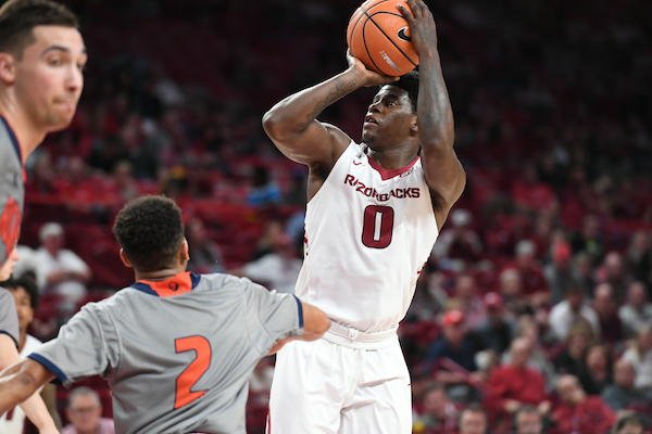 Arkansas guard Jaylen Barford rises for a jumper. He finished with a career-high 27 points and the Razorbacks beat Bucknell 101-73 Sunday Nov. 12, 2017 at Bud Walton Arena in Fayetteville. 