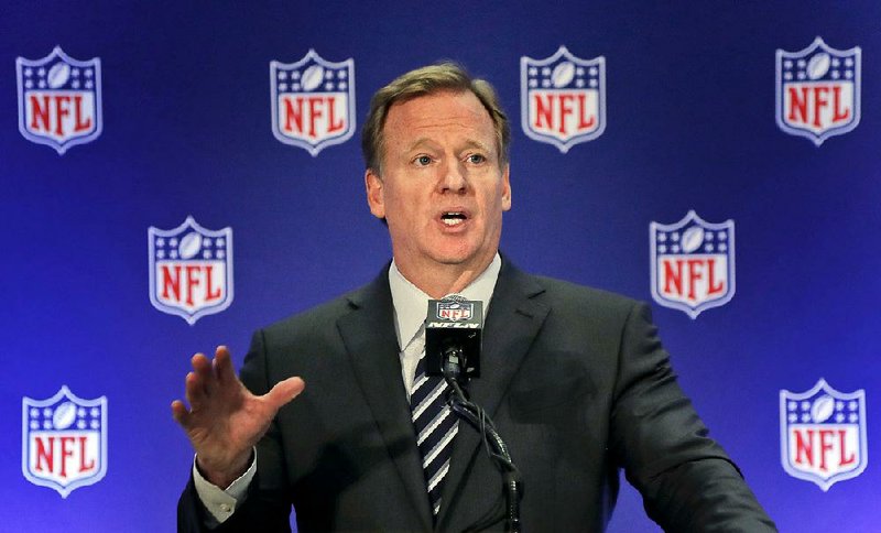 In this Oct. 18, 2017, file photo, NFL commissioner Roger Goodell speaks during a news conference, in New York. 